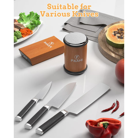 Rolling kitchen knife sharpener tool for sharpening knives with diamonds, available in 15° and 20° magnetic angles