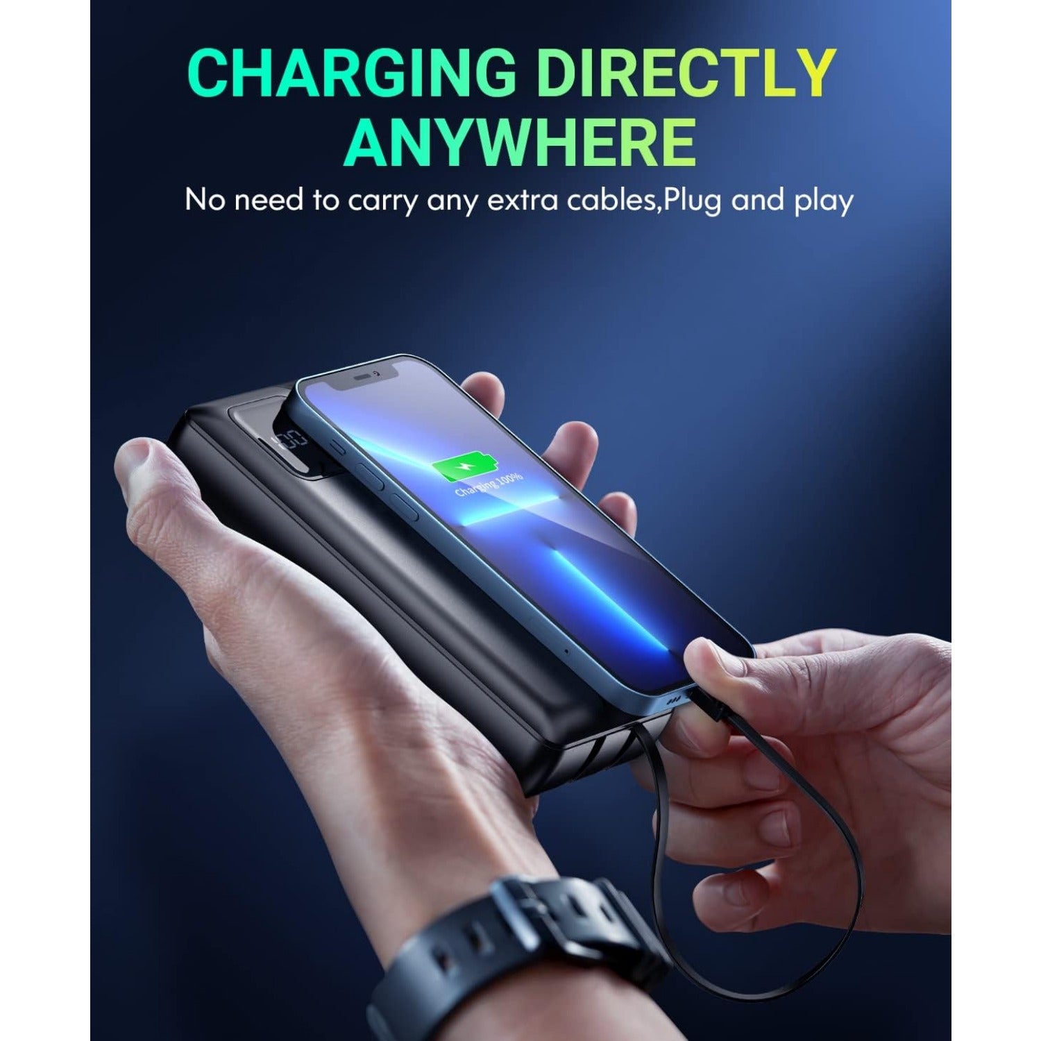 Power bank - 40000mAh portable charger, supports PD 30W and QC4.0 fast chargers, built-in 2 output cables and LED display, suitable for cell phones and most electronic devices