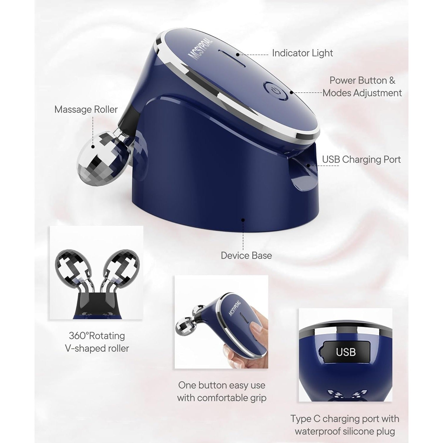Microcurrent-Facial-Device, 5-in-1 Microcurrent Multifunctional Facial Massager, Face Roller Face Massager for Skin Care, Royal Blue