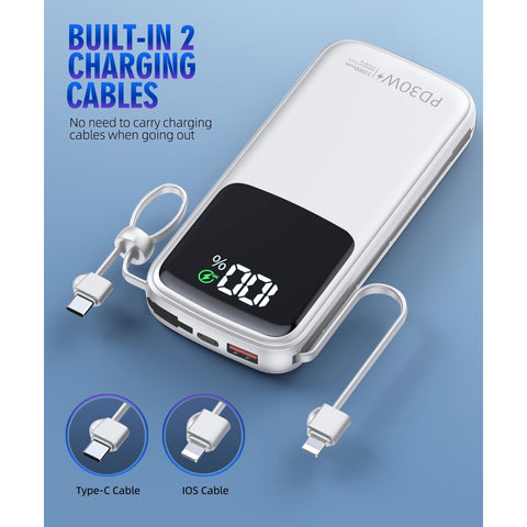 Portable Charger, 15000mAh Battery Pack Fast Charging Lightweight, Built-in AC Wall Plug and 2 Output Cables with LED Display for iPhone15 14 13 12 11 Samsung iPad etc