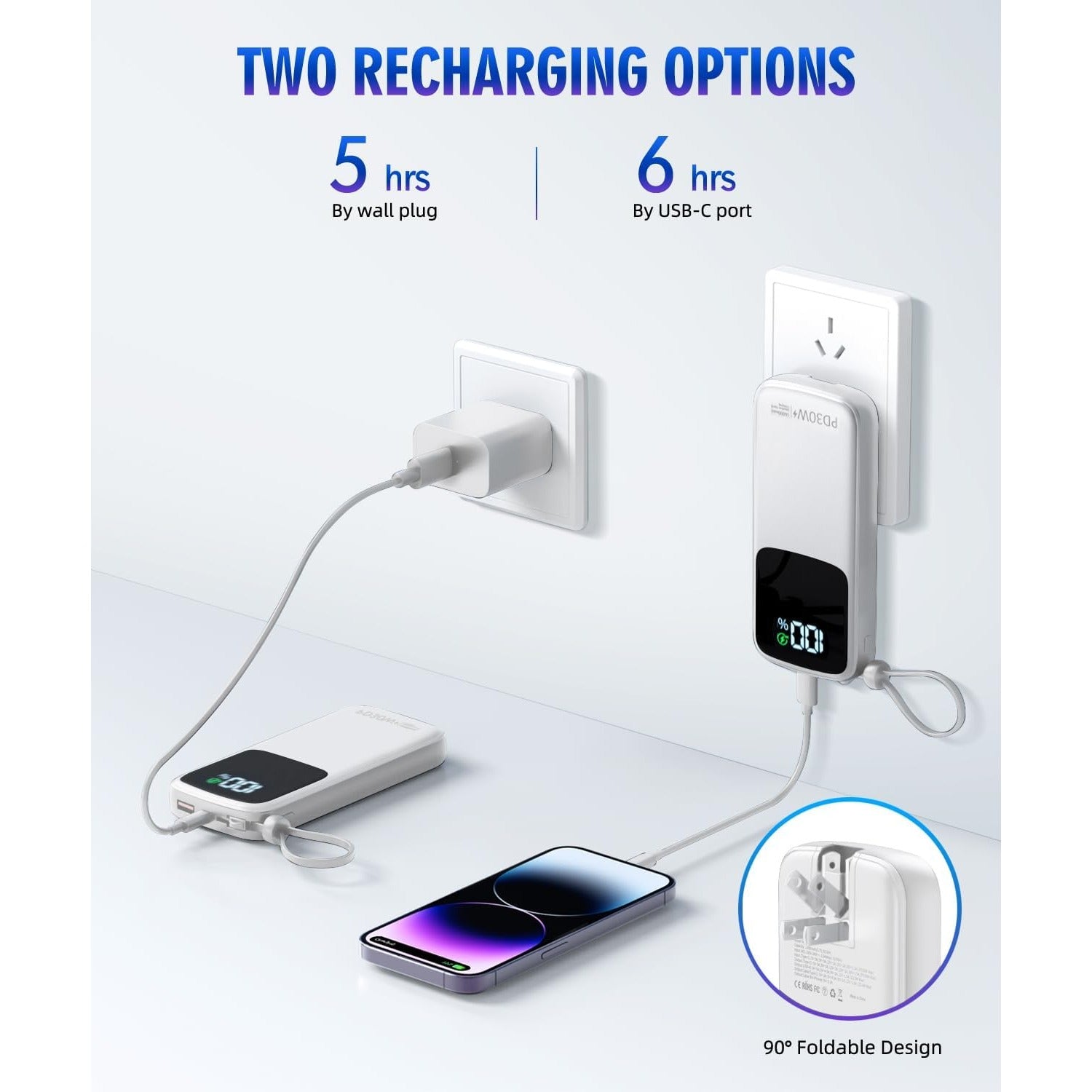 Portable-Charger-15000mAh Power-Bank - Supports PD 30W Fast Charging Built-in AC Wall Plug and 2 Output Cables with LED Display for Most Electronic Devices(Black)