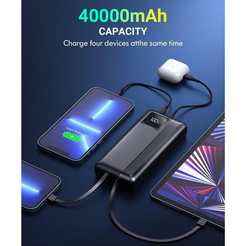 Power bank - 40000mAh portable charger, supports PD 30W and QC4.0 fast chargers, built-in 2 output cables and LED display, suitable for cell phones and most electronic devices