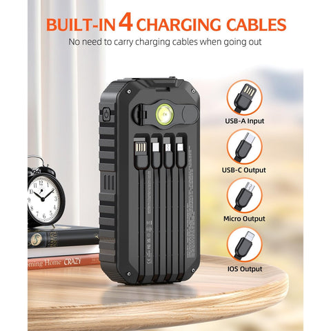 Solar Charger Power Bank 40000mAh Built in 4 Cables and Hand Crank,  22.5W Fast Charger 6 Outputs & 4 Inputs External Battery Pack with Bright Flashlight and Compass