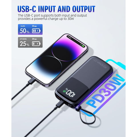 Portable-Charger-15000mAh Power-Bank - Supports PD 30W Fast Charging Built-in AC Wall Plug and 2 Output Cables with LED Display for Most Electronic Devices(Black)