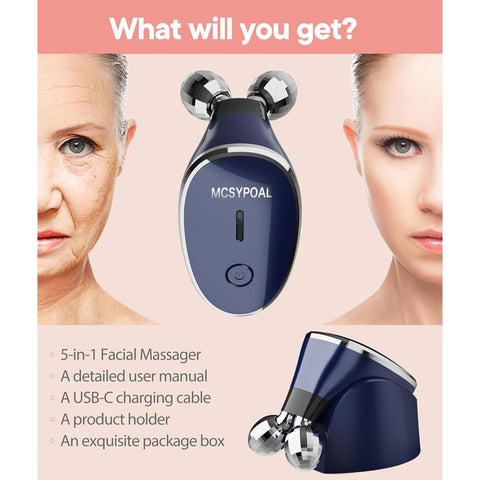 Microcurrent-Facial-Device, 5-in-1 Microcurrent Multifunctional Facial Massager, Face Roller Face Massager for Skin Care, Royal Blue