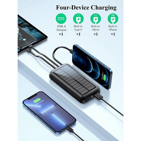 Solar Charger 40000mAh High Capacity Mobile Power Built-in 3 Output Cables and 1 Input Cable and Flashlight 5V3.1A Rapid Charger Compatible with All Smartphones and Devices