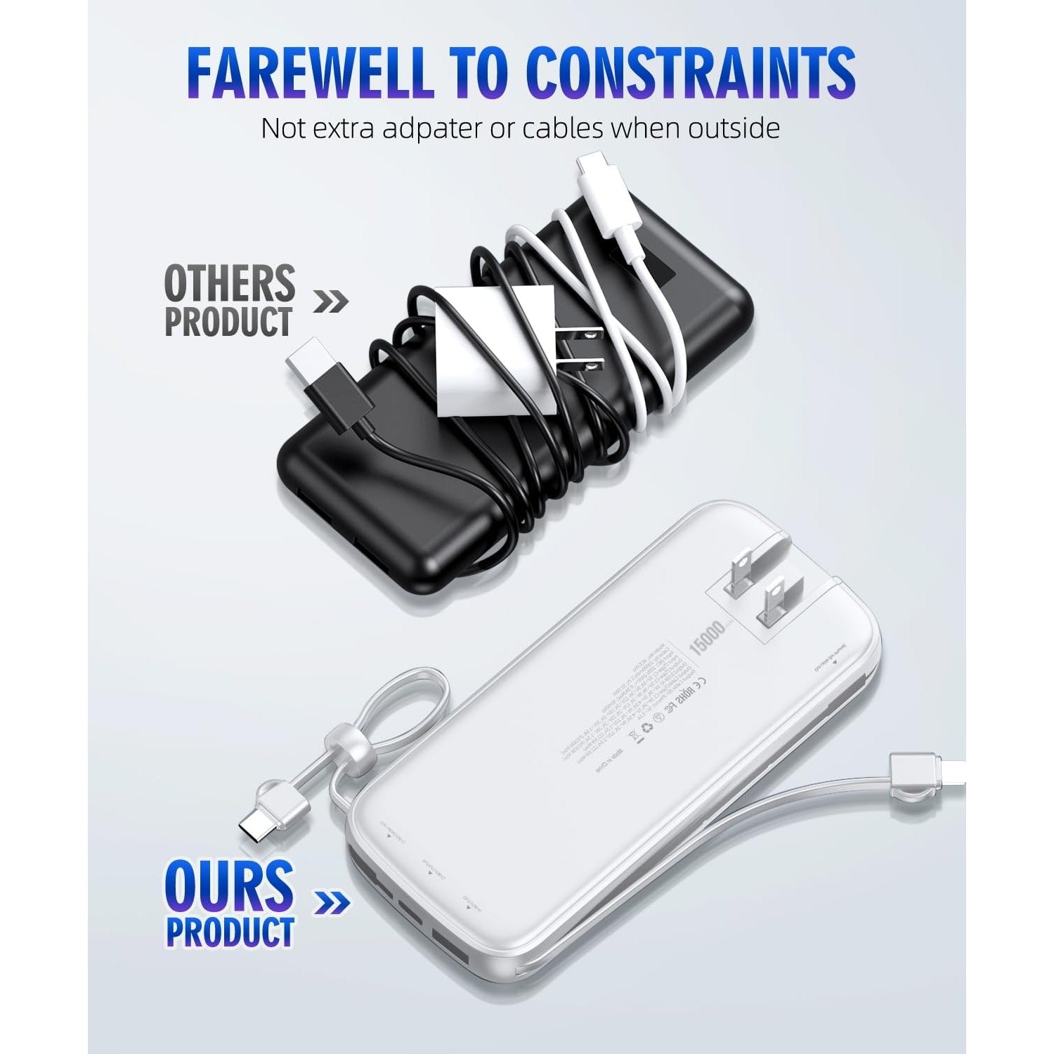 Portable-Charger-15000mAh Power-Bank - Supports PD 30W Fast Charging Built-in AC Wall Plug and 2 Output Cables with LED Display for Most Electronic Devices(Black)
