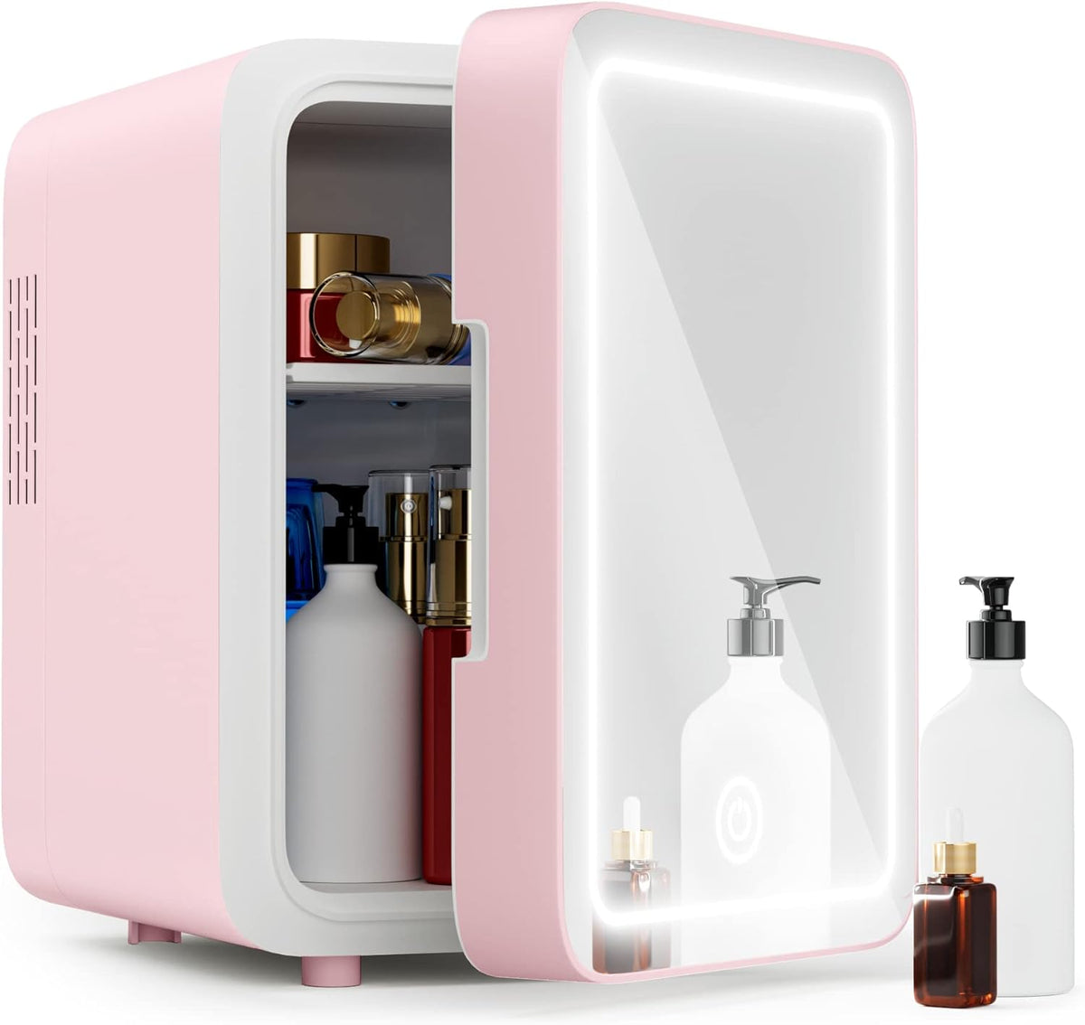 Skin Care Refrigerator - Mini Refrigerator with Dimmable LED Mirror (4 Liters/6 Cans), Cooler and Warmer, Cosmetic Refrigerator for Skin Care and Food, Bedroom, Office and Car, Pink