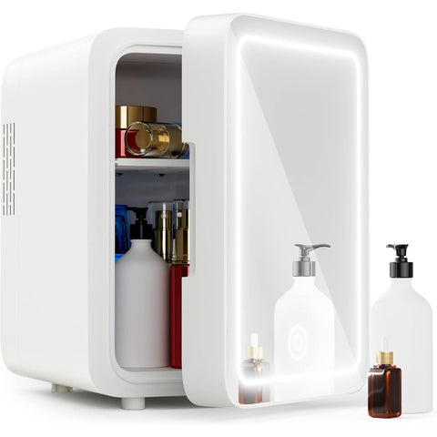 Skincare Fridge - Mini Fridge with Dimmable LED Mirror (4 Liter/6 Can), Cooler and Warmer, Makeup Fridge for Skincare and Food, Mini Fridge for Bedroom, Office and Car, White