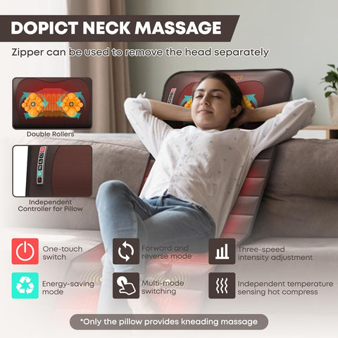 Massage-Mat, Detachable Neck Massager, Full Body Vibration Heating, with 10 Vibrating Motors and 9 Speed Settings for Home Office Use
