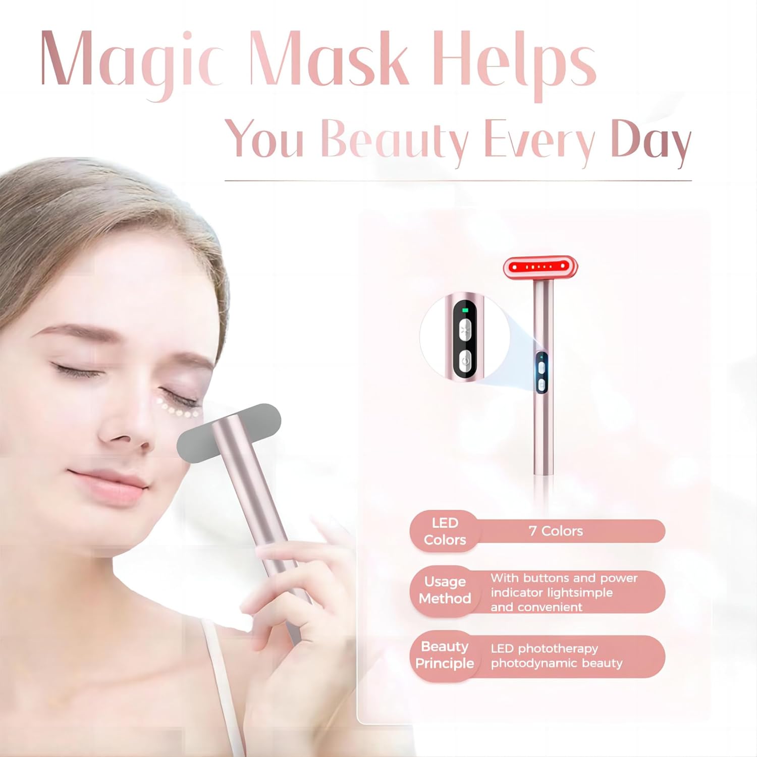 Red-Light-Therapy，Led Facial Light Therapy 7 Colors Eye Beauty Wand Face Massager Red for Skincare & Blue Rejuvenation Tool
