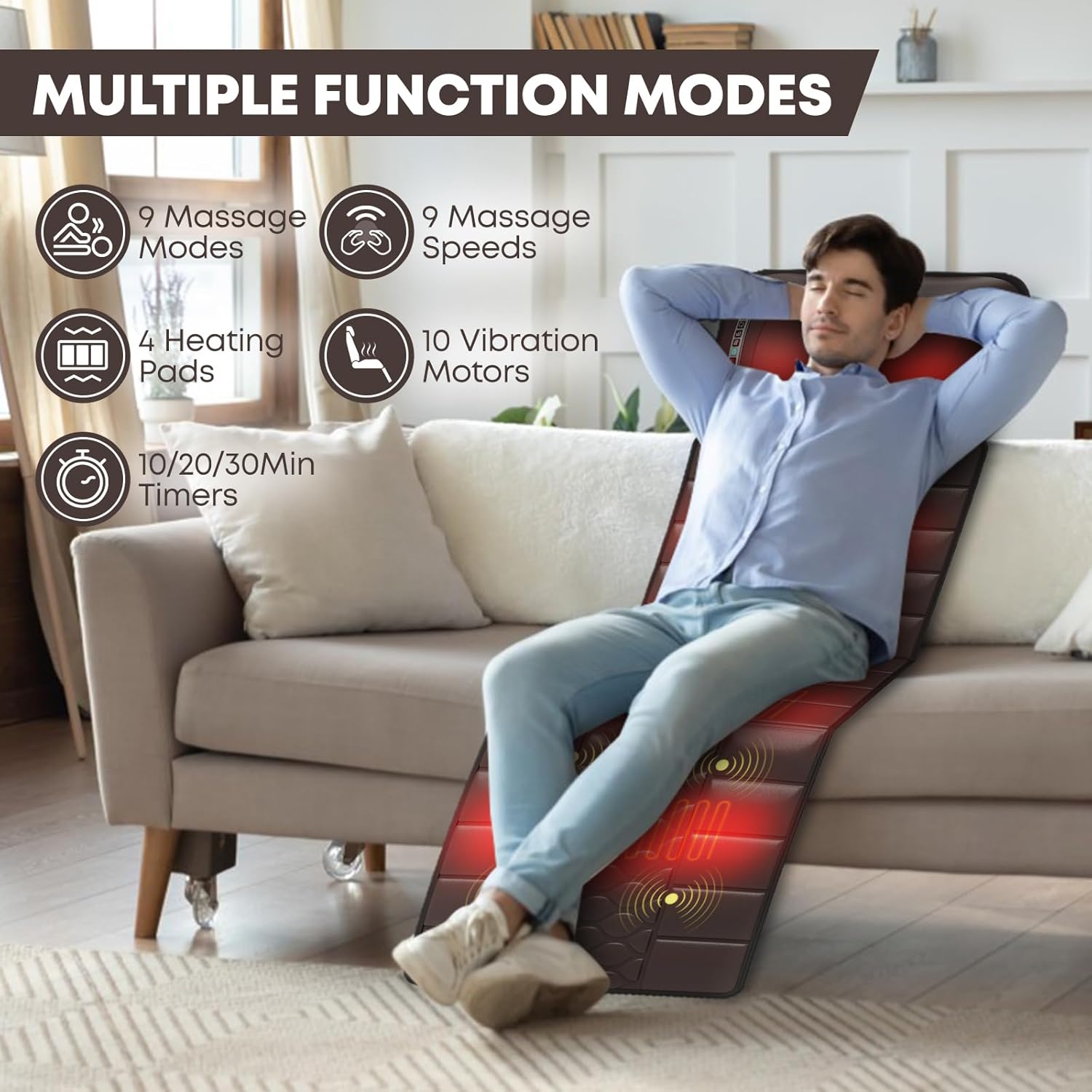 Massage-Mat, Detachable Neck Massager, Full Body Vibration Heating, with 10 Vibrating Motors and 9 Speed Settings for Home Office Use