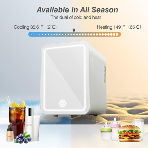Skincare Fridge - Mini Fridge with Dimmable LED Mirror (4 Liter/6 Can), Cooler and Warmer, Makeup Fridge for Skincare and Food, Mini Fridge for Bedroom, Office and Car, White