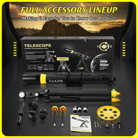 Telescope 90mm Aperture 900mm - High Precision Adjustment Vertisteel Mount Base, Magnification 45-450x, Wireless Remote, Phone Adapter - Ideal for Astronomy Enthusiasts and Beginners (Black)