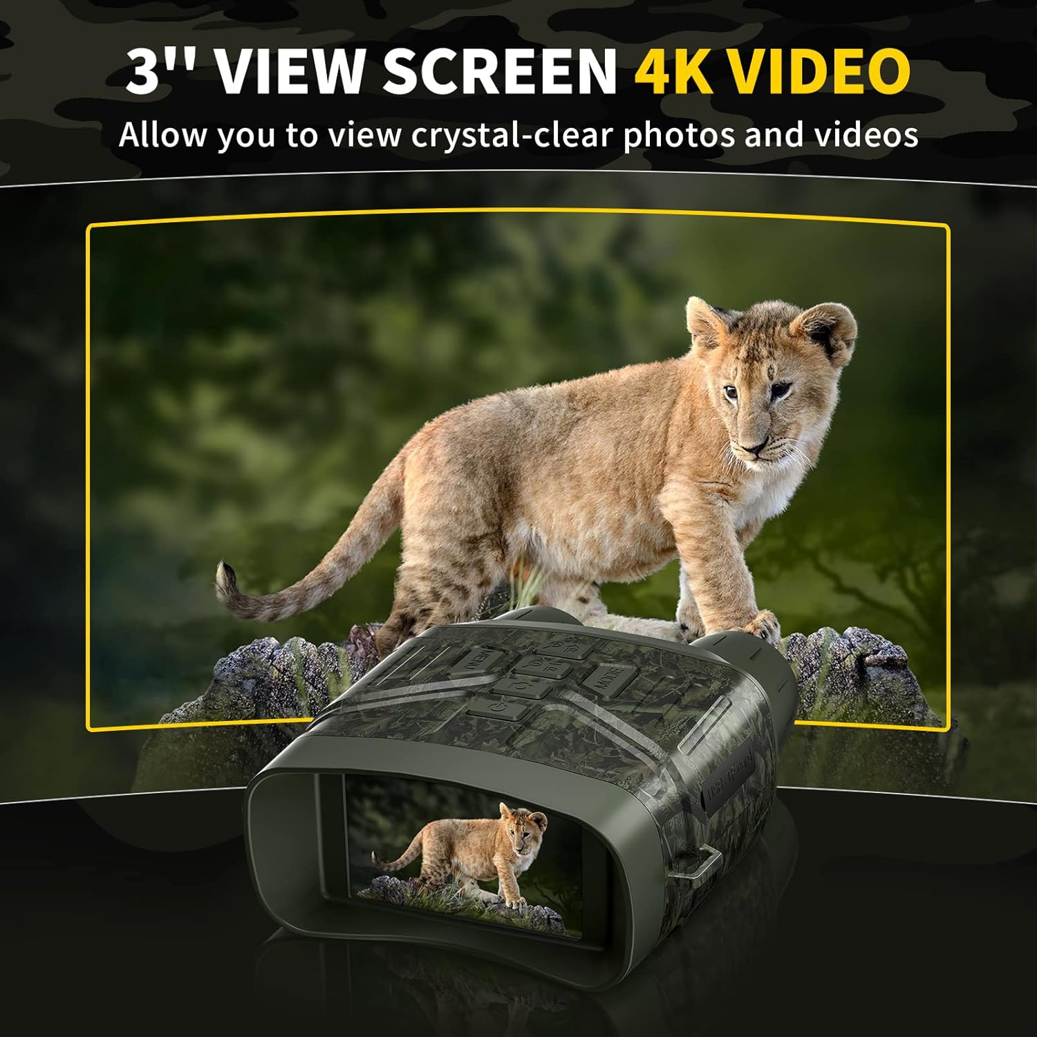4K Night Vision Binoculars with 5000mAh Rechargeable Battery, 32GB TF, 3'' HD Screen for Camping and Security, Black