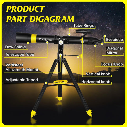 Telescope 90mm Aperture 900mm - High Precision Adjustment Vertisteel Mount Base, Magnification 45-450x, Wireless Remote, Phone Adapter - Ideal for Astronomy Enthusiasts and Beginners (Black)