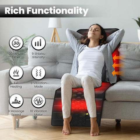 Massage-Mat, Detachable Neck Massager, Full Body Vibration Heating, with 10 Vibrating Motors and 9 Speed Settings for Home Office Use