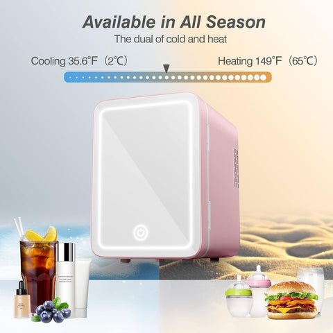 Skin Care Refrigerator - Mini Refrigerator with Dimmable LED Mirror (4 Liters/6 Cans), Cooler and Warmer, Cosmetic Refrigerator for Skin Care and Food, Bedroom, Office and Car, Pink