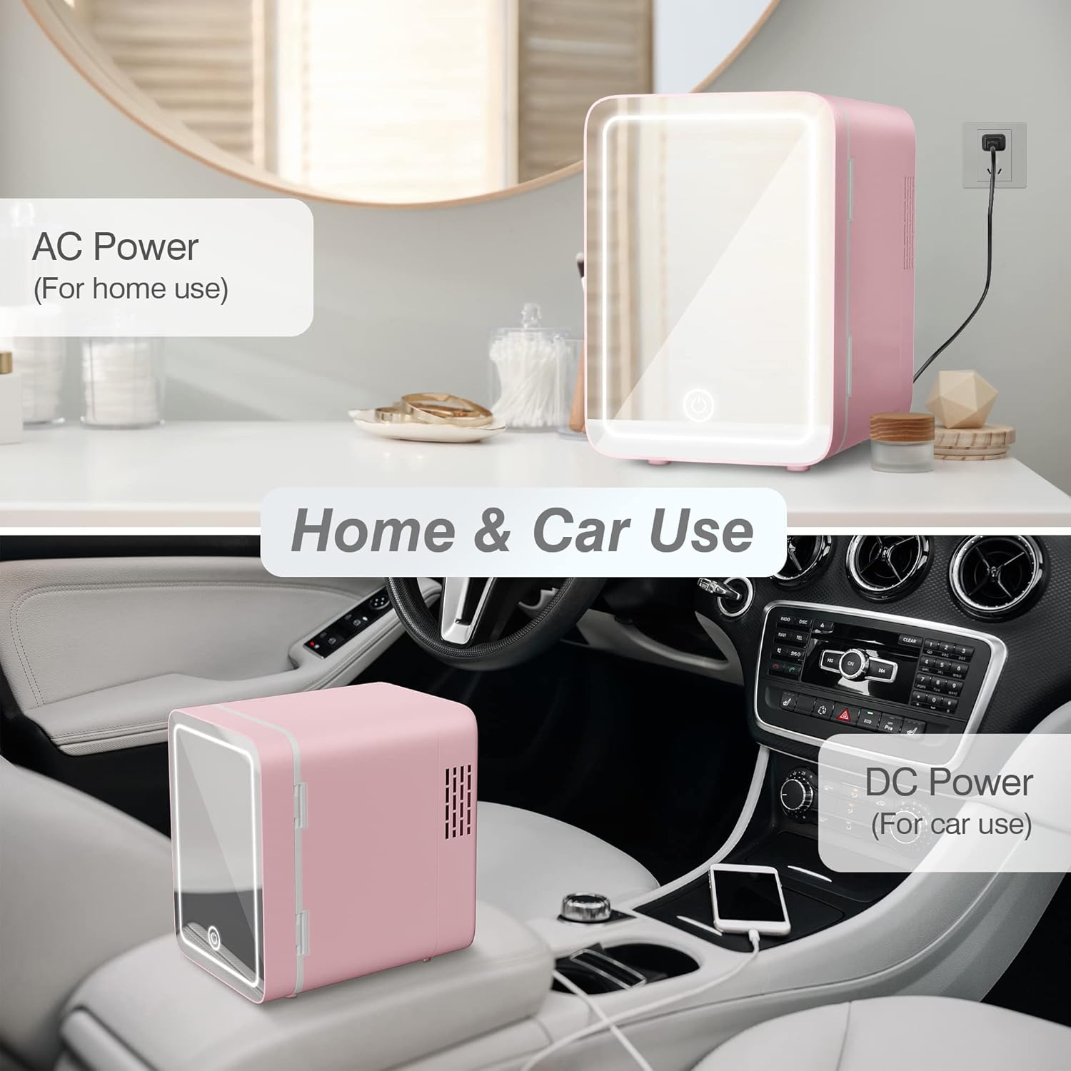 Skin Care Refrigerator - Mini Refrigerator with Dimmable LED Mirror (4 Liters/6 Cans), Cooler and Warmer, Cosmetic Refrigerator for Skin Care and Food, Bedroom, Office and Car, Pink