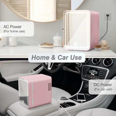 Skin Care Refrigerator - Mini Refrigerator with Dimmable LED Mirror (4 Liters/6 Cans), Cooler and Warmer, Cosmetic Refrigerator for Skin Care and Food, Bedroom, Office and Car, Pink