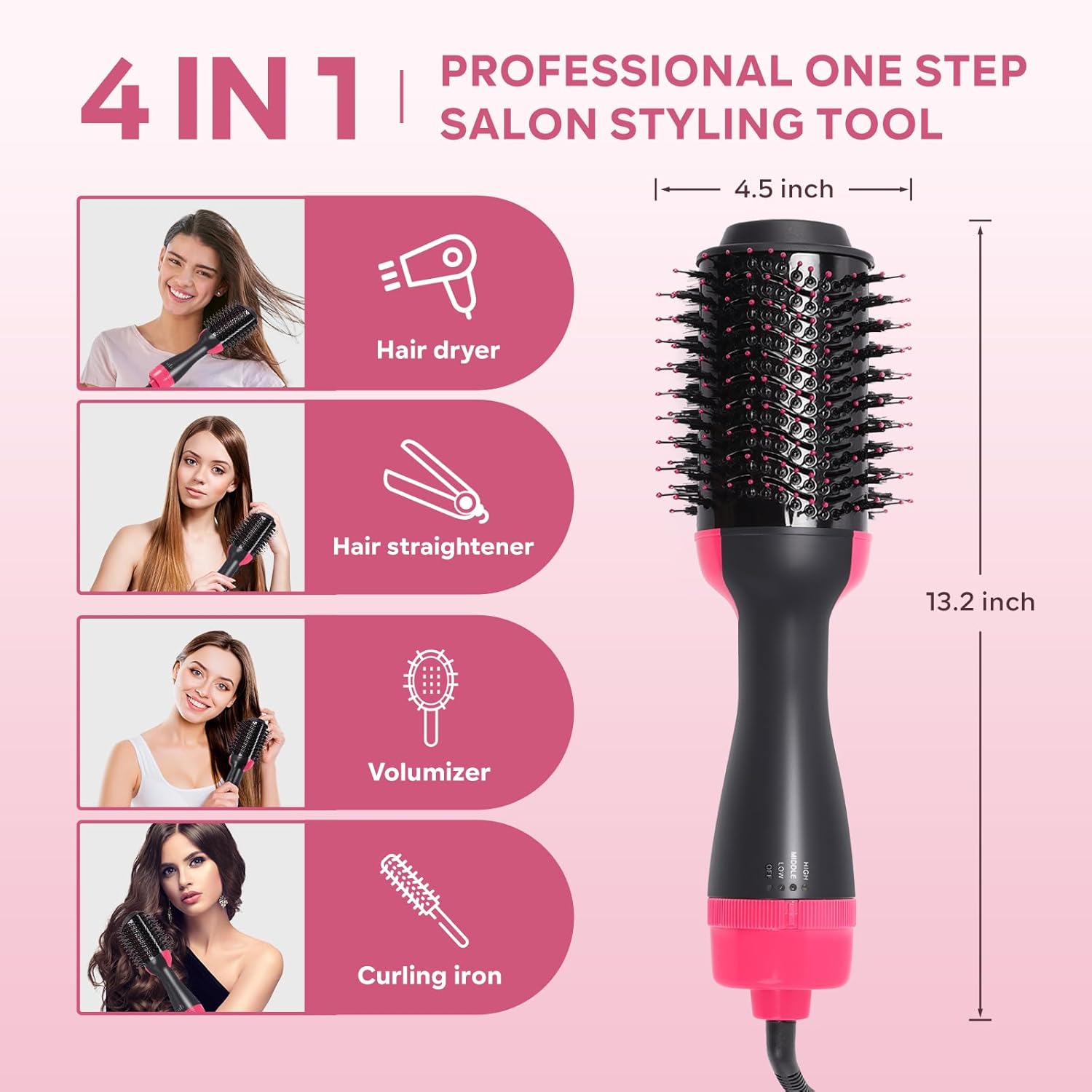 Hair Dryer Blow Dryer Brush, Hair Dryer and Styler Volumizer, Hot Air Brush for Straightening, Curling, Drying, Salon, One Step Styling Tools Pink