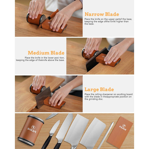 Rolling kitchen knife sharpener tool for sharpening knives with diamonds, available in 15° and 20° magnetic angles