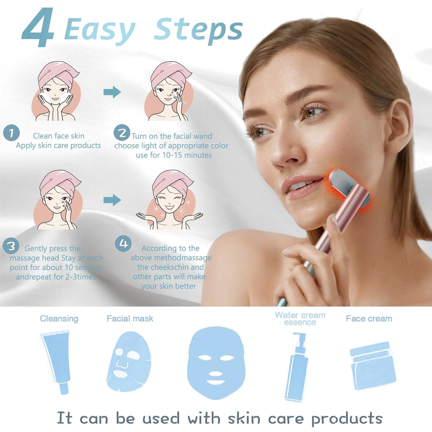 Red-Light-Therapy，Led Facial Light Therapy 7 Colors Eye Beauty Wand Face Massager Red for Skincare & Blue Rejuvenation Tool