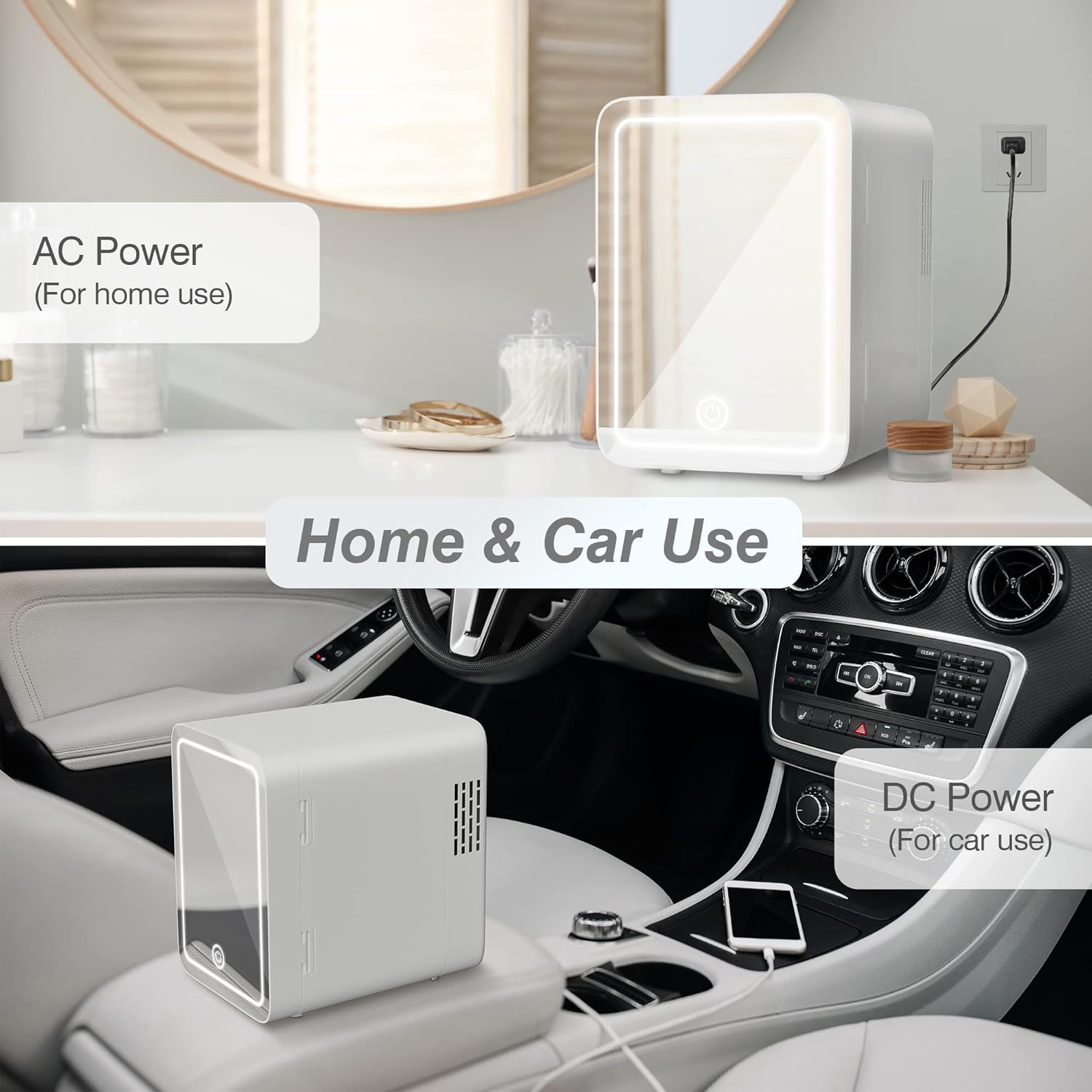 Skincare Fridge - Mini Fridge with Dimmable LED Mirror (4 Liter/6 Can), Cooler and Warmer, Makeup Fridge for Skincare and Food, Mini Fridge for Bedroom, Office and Car, White