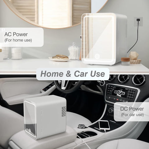 Skincare Fridge - Mini Fridge with Dimmable LED Mirror (4 Liter/6 Can), Cooler and Warmer, Makeup Fridge for Skincare and Food, Mini Fridge for Bedroom, Office and Car, White