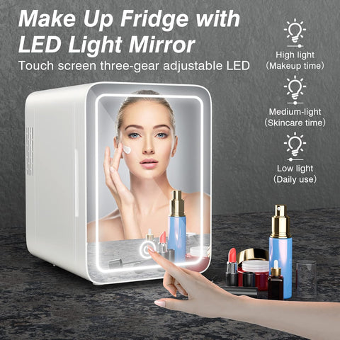 Skincare Fridge - Mini Fridge with Dimmable LED Mirror (4 Liter/6 Can), Cooler and Warmer, Makeup Fridge for Skincare and Food, Mini Fridge for Bedroom, Office and Car, White