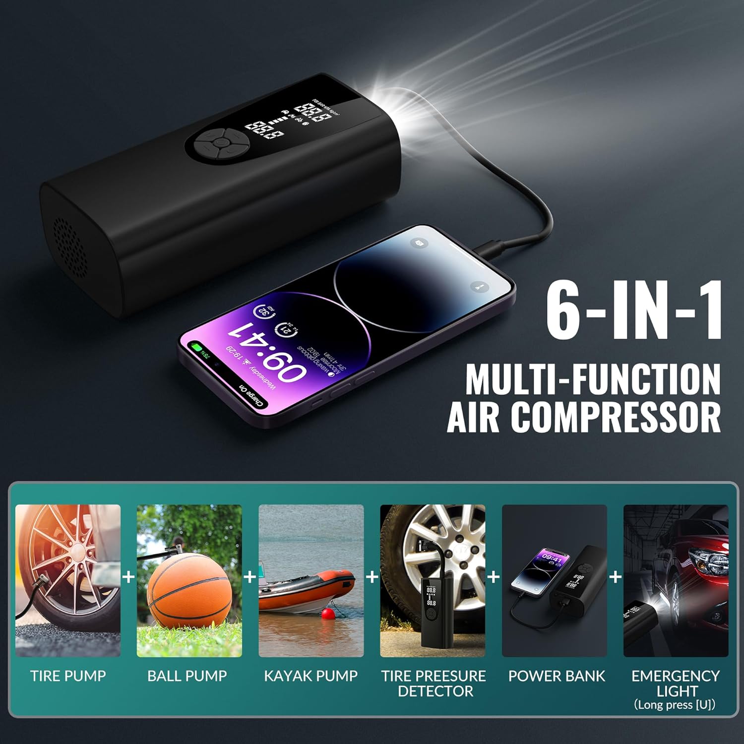 Tire Inflator Portable Air Compressor-180PSI,20000mAh Electric Tire Pump-Car Tire Inflator Pump with Tire Pressure Gauge-For Car, Motorcycle, Bicycle, Ball (Black)