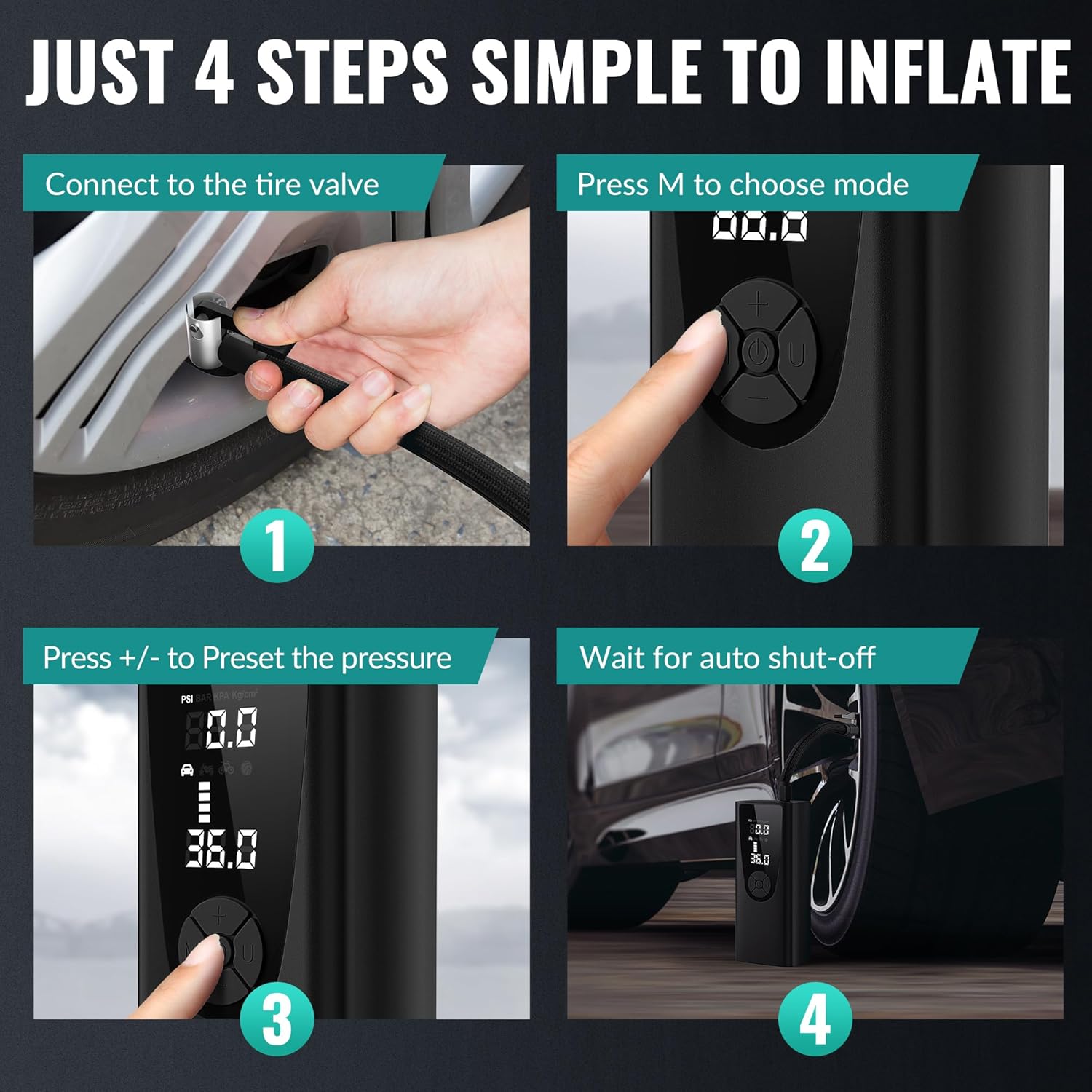 Tire Inflator Portable Air Compressor-180PSI,20000mAh Electric Tire Pump-Car Tire Inflator Pump with Tire Pressure Gauge-For Car, Motorcycle, Bicycle, Ball (Black)