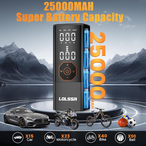 Tire Inflator Portable Air Compressor-25000mAh&180PSI Car Tire Air Pump-With Pressure Gauge for Motorcycle, Bicycle, Ball Bike, Dual Purpose