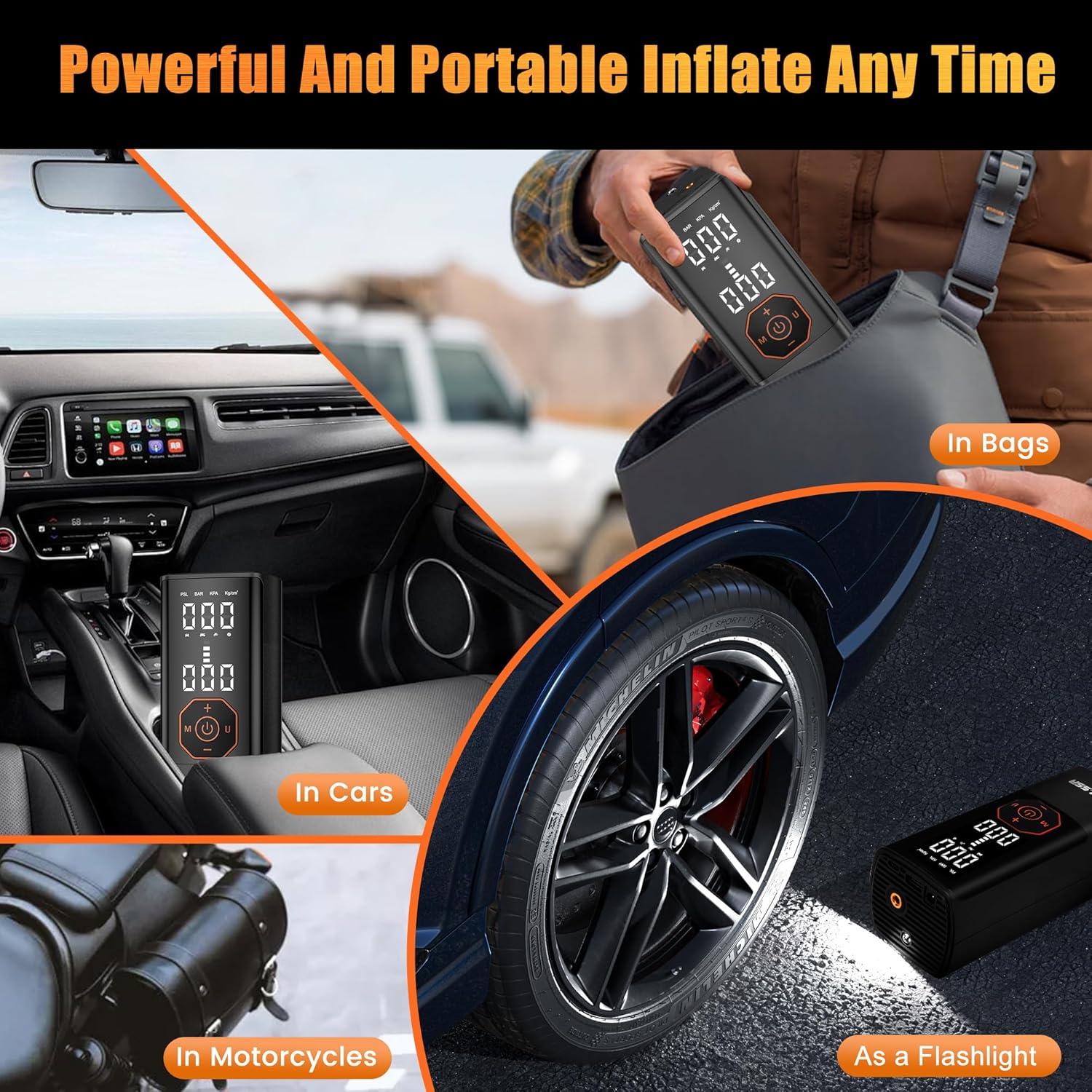 Tire Inflator Portable Air Compressor-25000mAh&180PSI Car Tire Air Pump-With Pressure Gauge for Motorcycle, Bicycle, Ball Bike, Dual Purpose