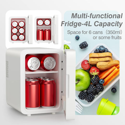 Skincare Fridge - Mini Fridge with Dimmable LED Mirror (4 Liter/6 Can), Cooler and Warmer, Makeup Fridge for Skincare and Food, Mini Fridge for Bedroom, Office and Car, White