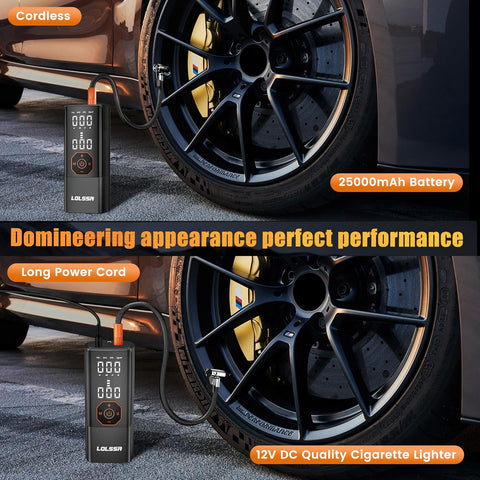 Tire Inflator Portable Air Compressor-25000mAh&180PSI Car Tire Air Pump-With Pressure Gauge for Motorcycle, Bicycle, Ball Bike, Dual Purpose