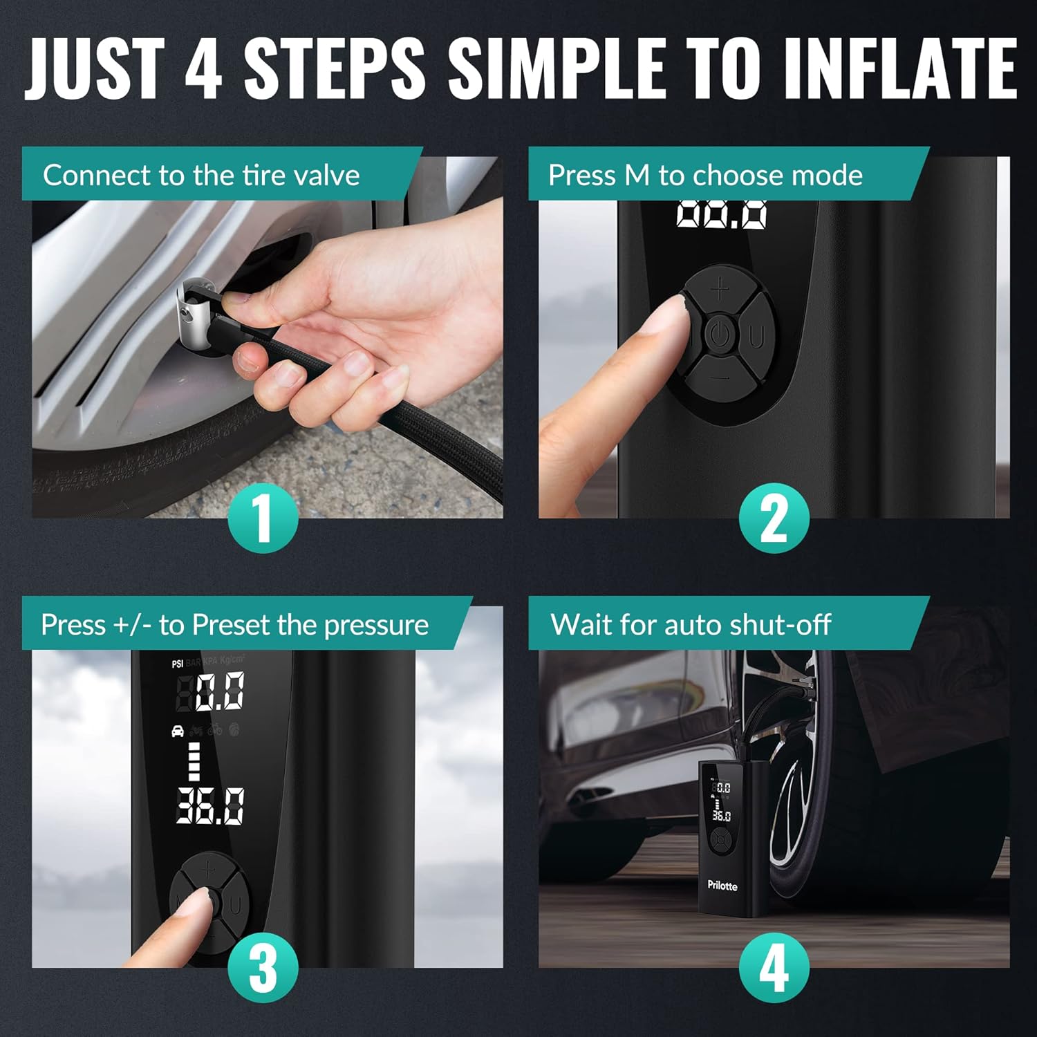 150 PSI Portable Air Compressor-Upgraded 20000 mAh Air Pump (For Car) Electric Tire Inflator-With Pressure Gauge,Emergency Light (For Motor,Bike,Ball Car)
