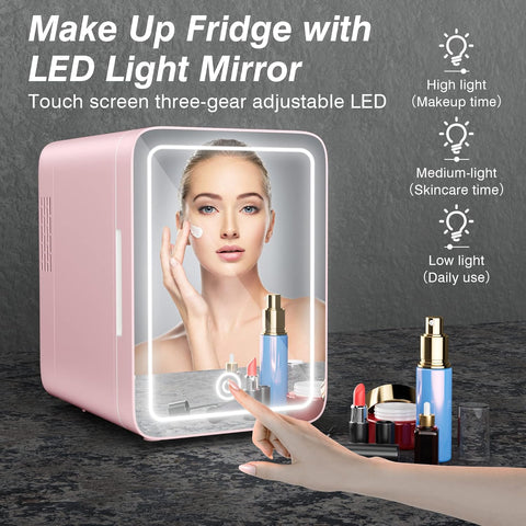 Skin Care Refrigerator - Mini Refrigerator with Dimmable LED Mirror (4 Liters/6 Cans), Cooler and Warmer, Cosmetic Refrigerator for Skin Care and Food, Bedroom, Office and Car, Pink