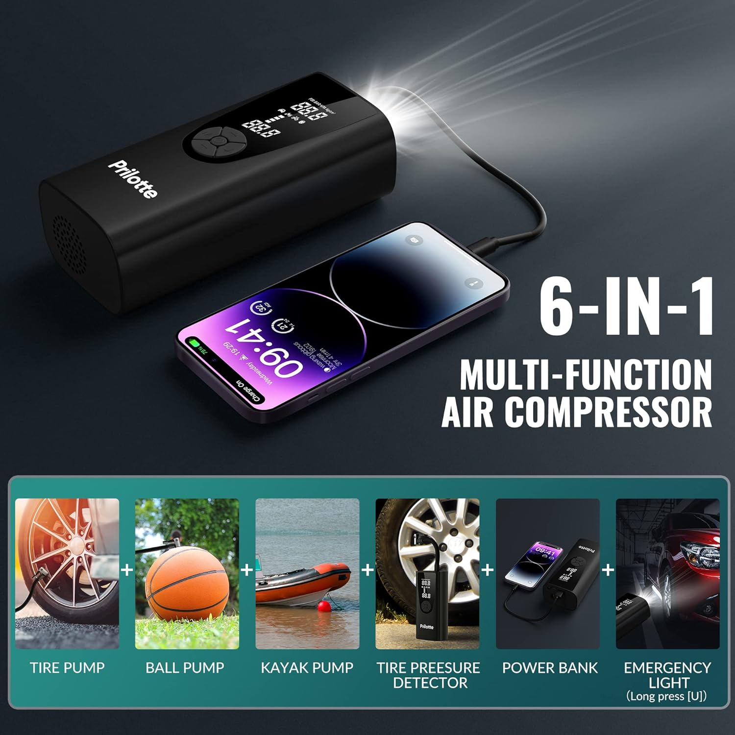 150 PSI Portable Air Compressor-Upgraded 20000 mAh Air Pump (For Car) Electric Tire Inflator-With Pressure Gauge,Emergency Light (For Motor,Bike,Ball Car)
