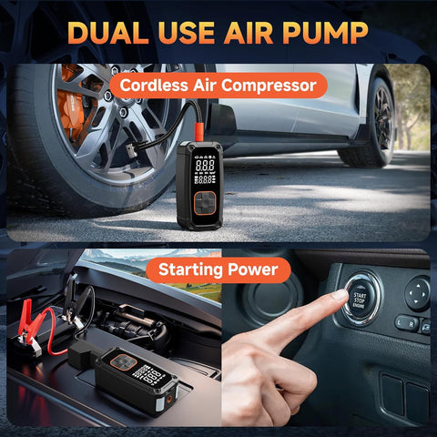 Tire Inflator Portable Air Compressor with Jump Starter - 150PSI & 25000mAh  with Tire Pressure Gauge,Electric Air Pump for Car Tires,Motorcycle,Bike