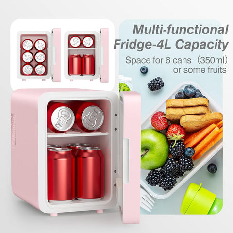 Skin Care Refrigerator - Mini Refrigerator with Dimmable LED Mirror (4 Liters/6 Cans), Cooler and Warmer, Cosmetic Refrigerator for Skin Care and Food, Bedroom, Office and Car, Pink