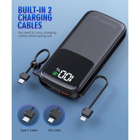 Portable Charger, 15000mAh Battery Pack Fast Charging Lightweight, Built-in AC Wall Plug and 2 Output Cables with LED Display for iPhone15 14 13 12 11 Samsung iPad etc