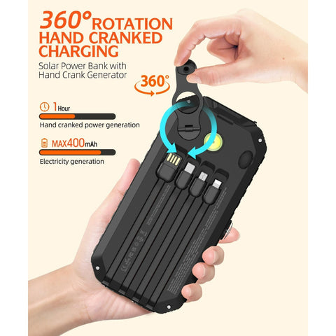 Solar Charger Power Bank 40000mAh Built in 4 Cables and Hand Crank,  22.5W Fast Charger 6 Outputs & 4 Inputs External Battery Pack with Bright Flashlight and Compass