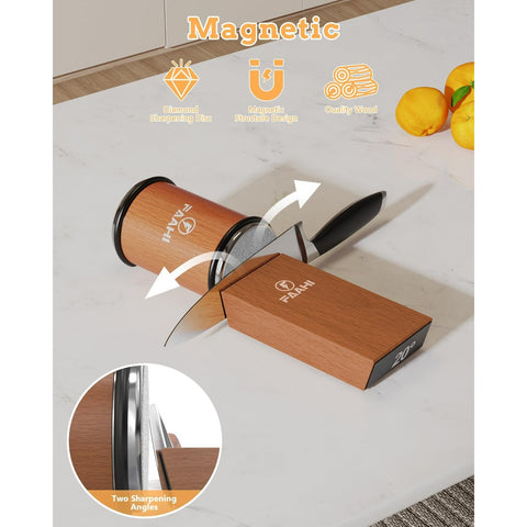 Rolling kitchen knife sharpener tool for sharpening knives with diamonds, available in 15° and 20° magnetic angles