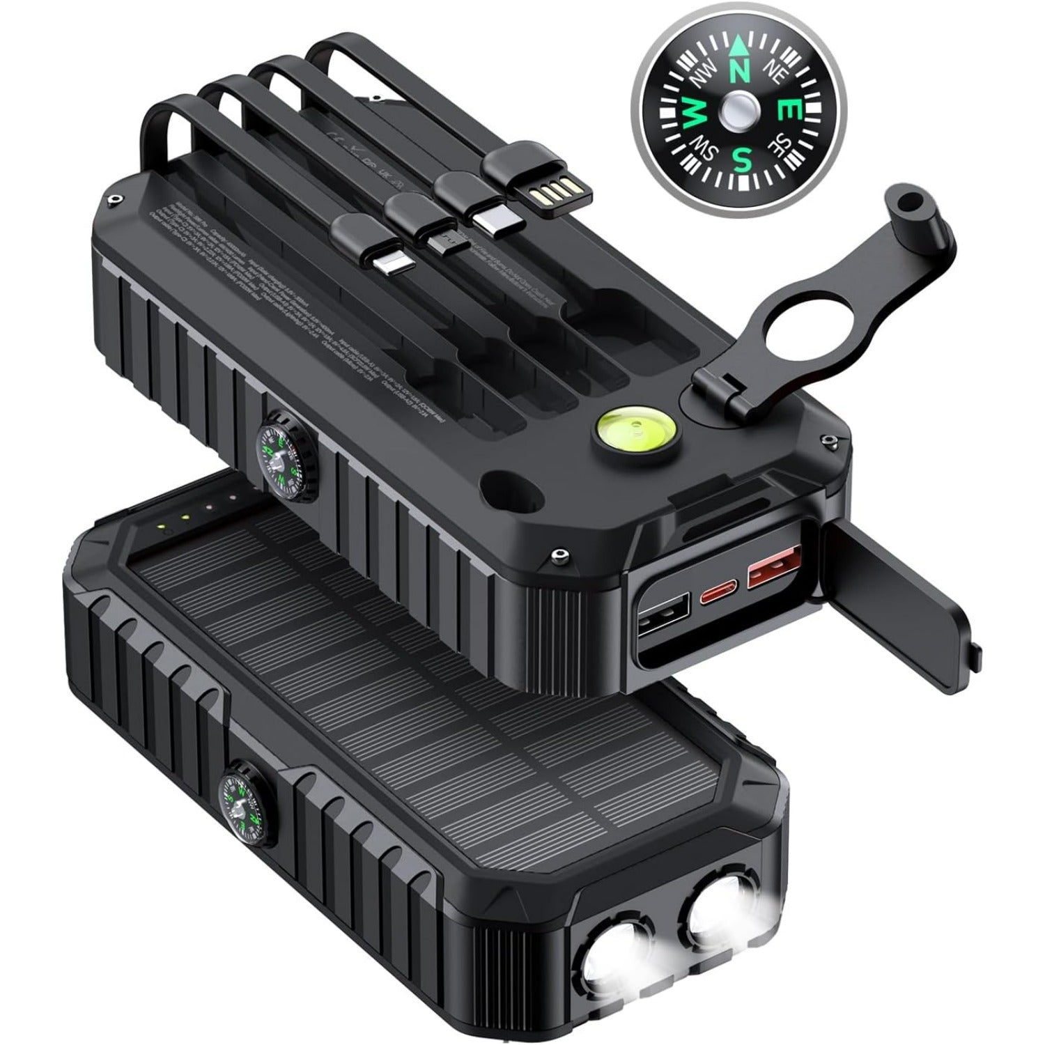 Solar Charger Power Bank 40000mAh Built in 4 Cables and Hand Crank,  22.5W Fast Charger 6 Outputs & 4 Inputs External Battery Pack with Bright Flashlight and Compass