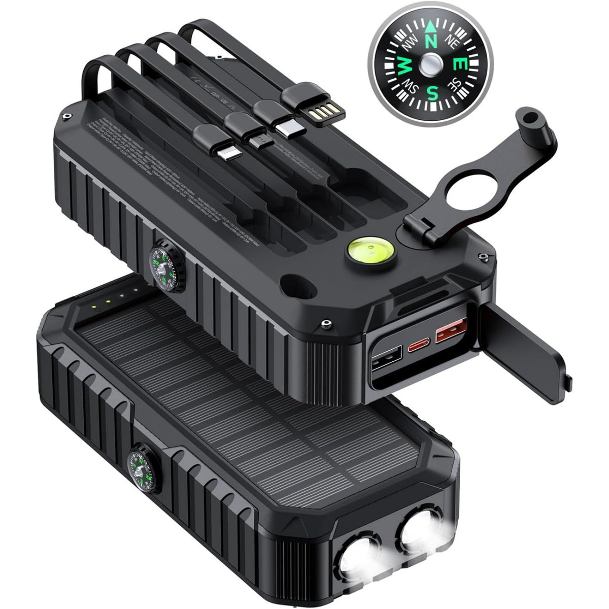 Solar Charger Power Bank 40000mAh Built in 4 Cables and Hand Crank,  22.5W Fast Charger 6 Outputs & 4 Inputs External Battery Pack with Bright Flashlight and Compass
