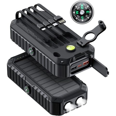 Solar Charger Power Bank 40000mAh Built in 4 Cables and Hand Crank,  22.5W Fast Charger 6 Outputs & 4 Inputs External Battery Pack with Bright Flashlight and Compass