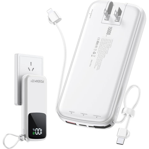 Portable-Charger-15000mAh Power-Bank - Supports PD 30W Fast Charging Built-in AC Wall Plug and 2 Output Cables with LED Display for Most Electronic Devices(Black)