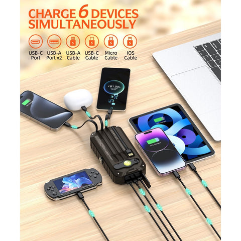 Solar Charger Power Bank 40000mAh Built in 4 Cables and Hand Crank,  22.5W Fast Charger 6 Outputs & 4 Inputs External Battery Pack with Bright Flashlight and Compass