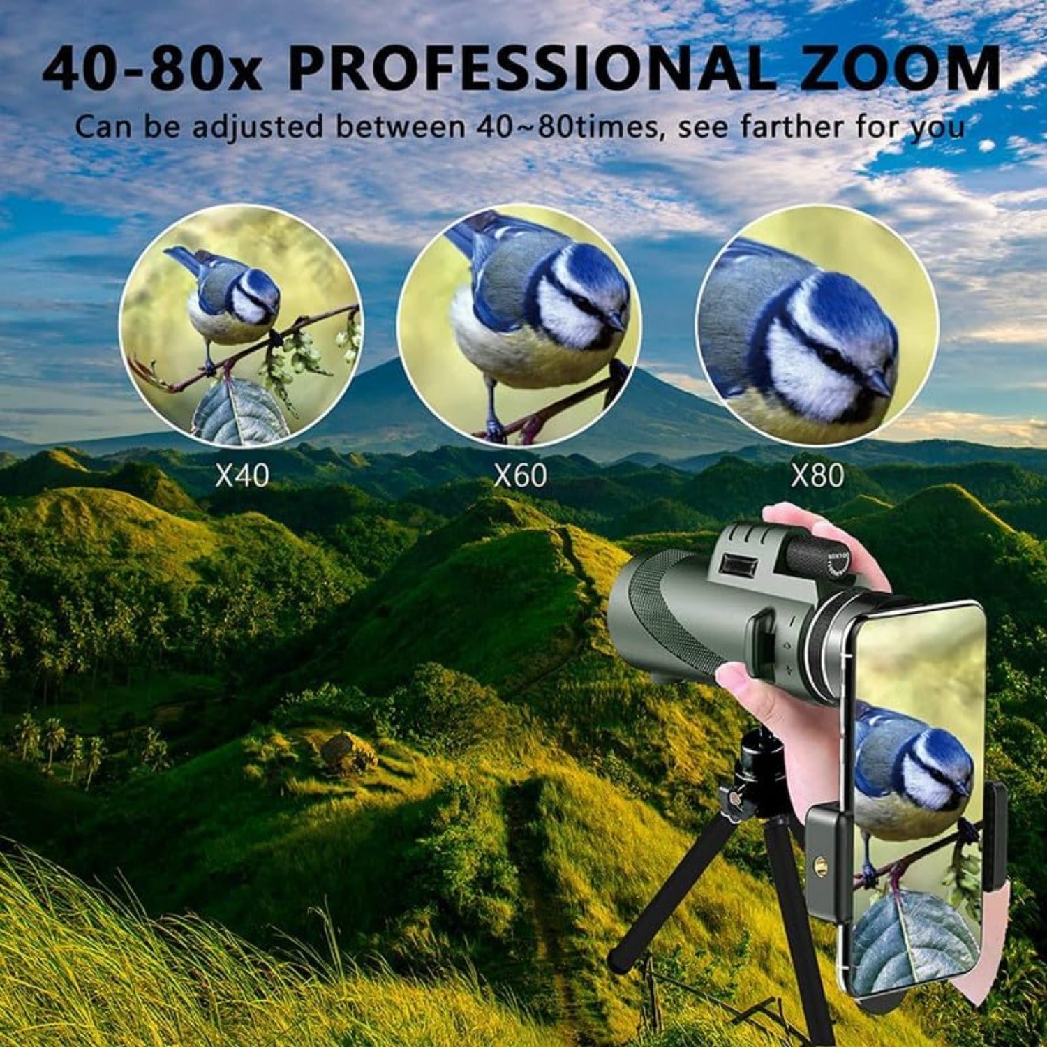 Adult HD 80x100 Monocular with Tripod, Monocular with BAK4 Prism for Outdoor Camping, Traveling, Wildlife Watching